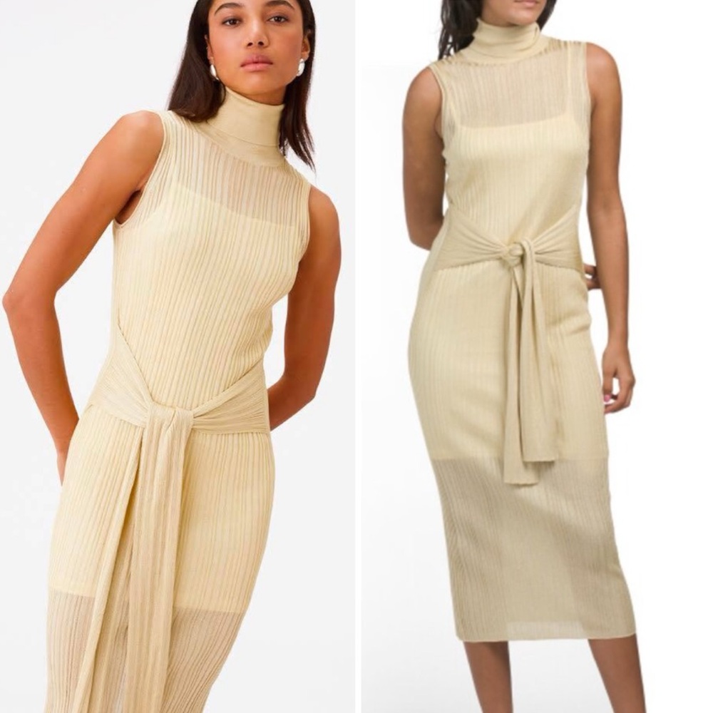 TOCCIN Bonnie Gold Ribbed Tie Front Midi Dress Size XS